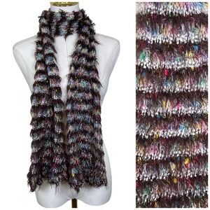 Vintage Fuzzy Eyelash Knit Scarf Brown Multi Color Shaggy Striped Boho Y2K